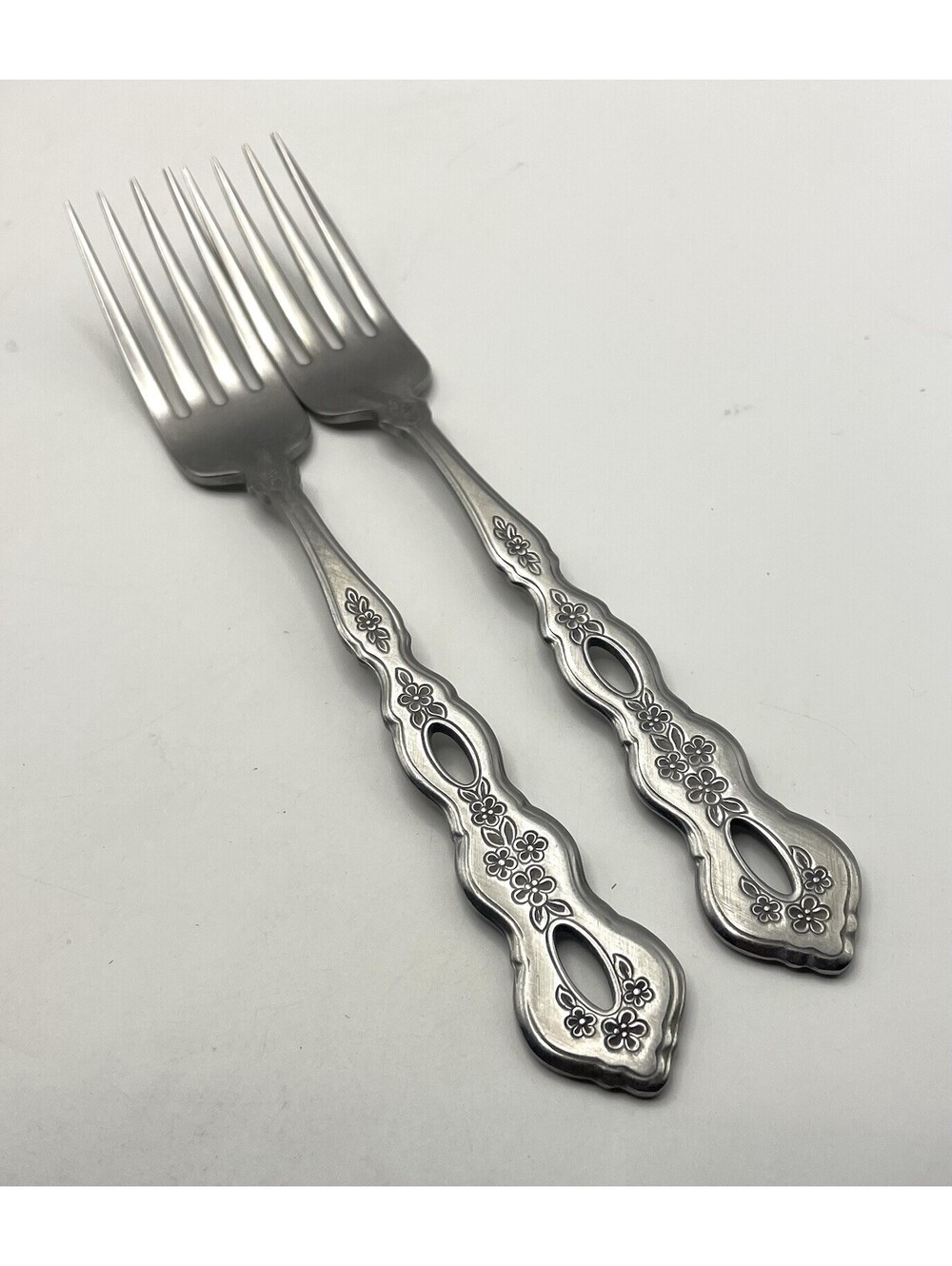 2- Oneida Community FANTASY Burnished Stainless Pierced Hndl Dinner Fork ~7.25”